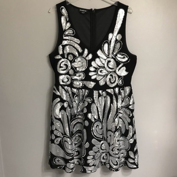 bebe Melinda Fit & Flare Dress Black Silver Sequin - Picture 3 of 8